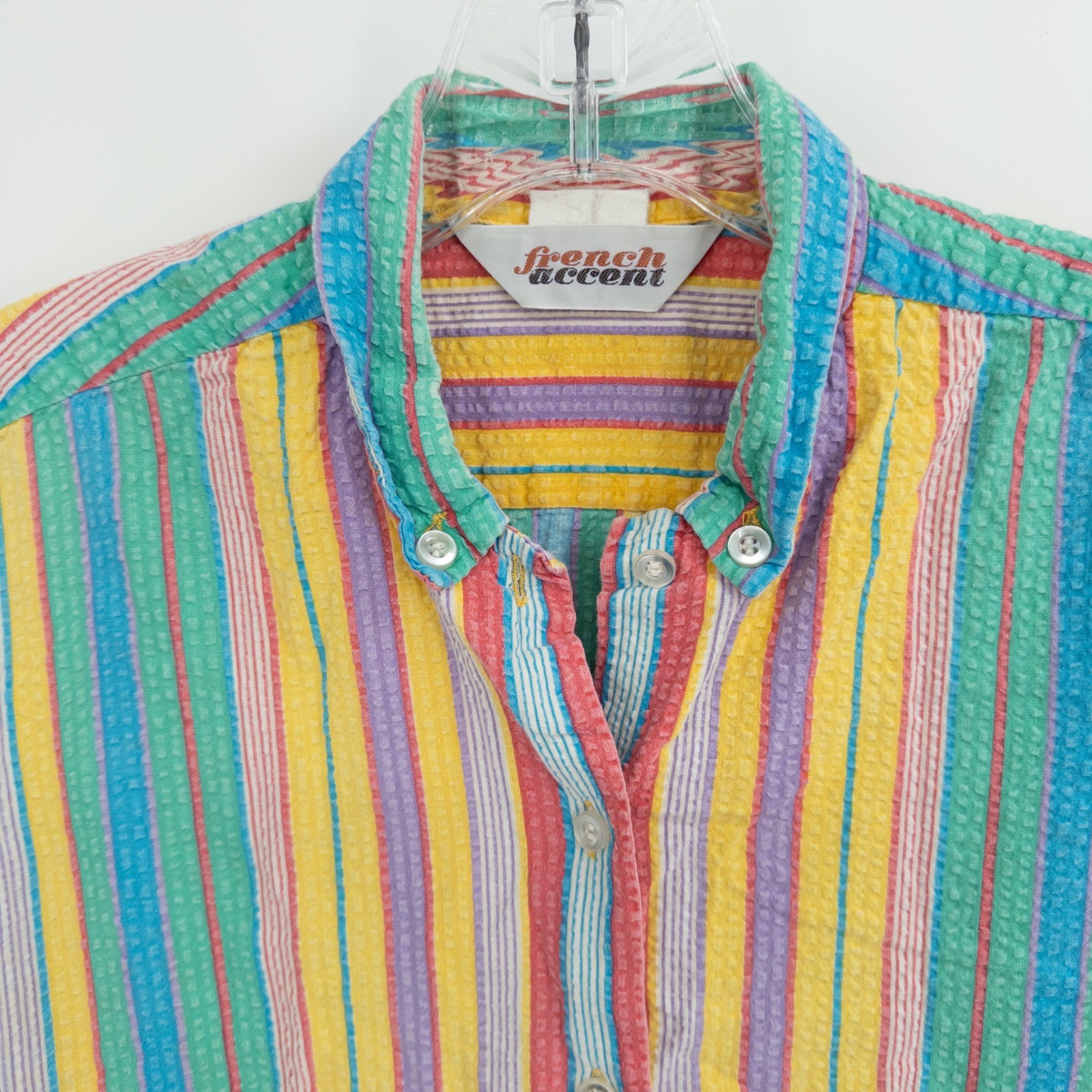 Vintage 90s Rainbow Top Womens XL Seersucker Striped Boxy Cropped Dopamine Color