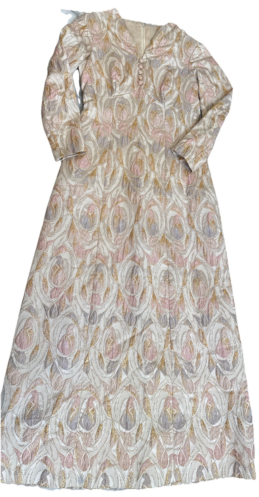 Vintage 1960s Bias Cut Cream Pastel Psychedelic Gold Sparkle Formal Dress XS