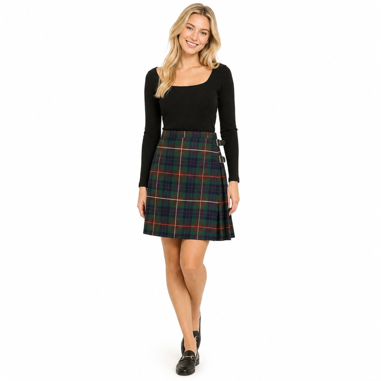 Scott Adie Ltd Kilt Skirt Womens Vintage Green Plaid Wool Pleated Buckle 1951