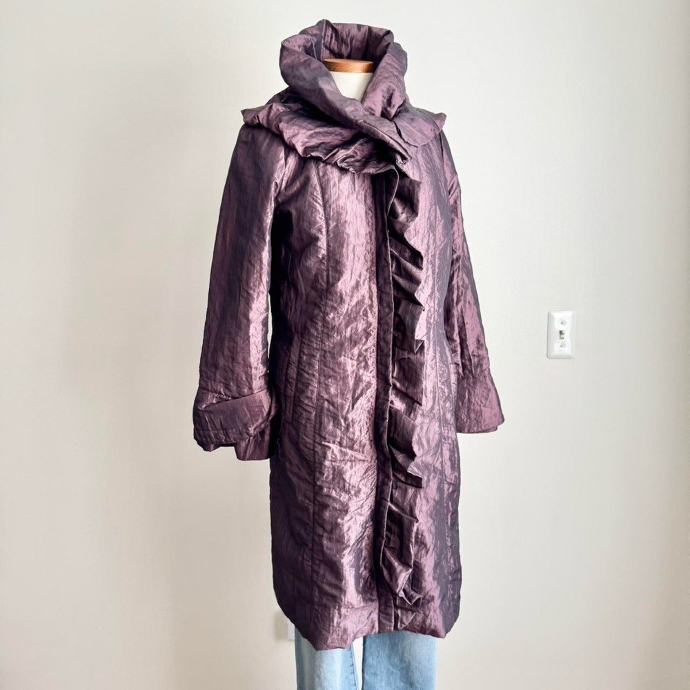 Vintage Iridescent Purple Ruffle Coat High Neck Funnel Lightweight Small