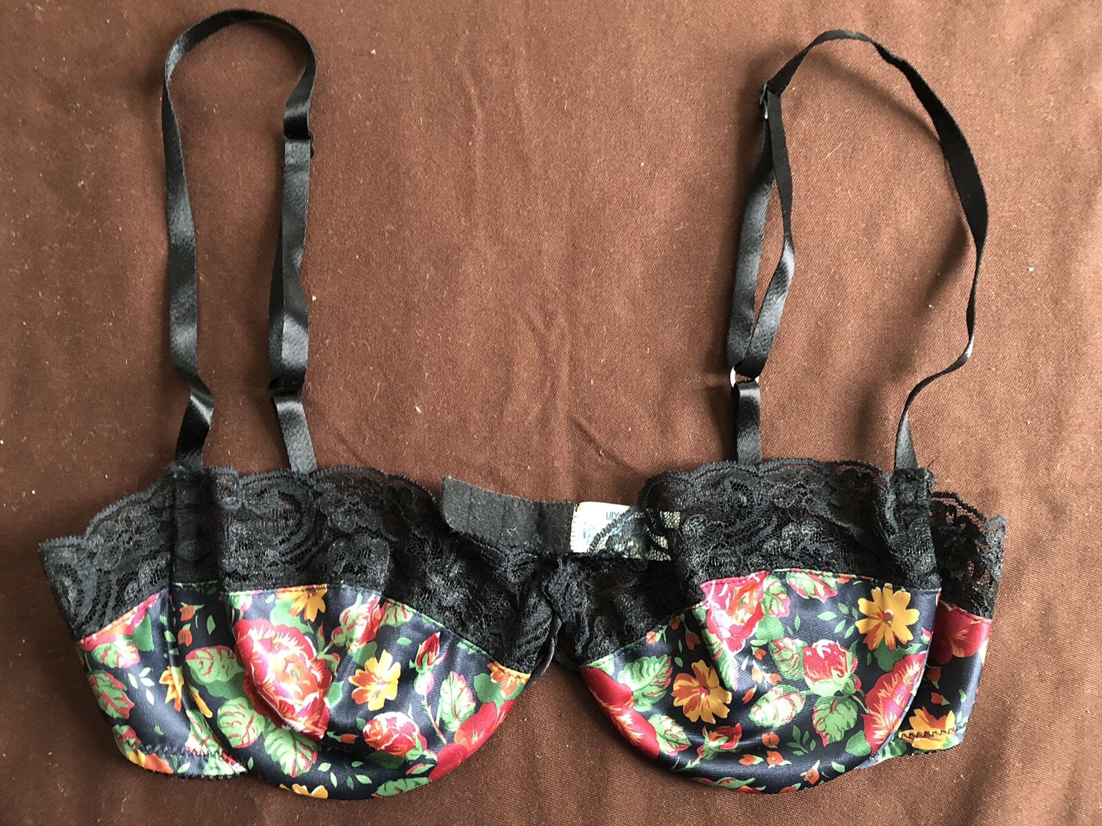 LILY OF FRANCE by DOLORES 34C Black Floral BALCONETTE UW Bra #1315X VTG NWOT