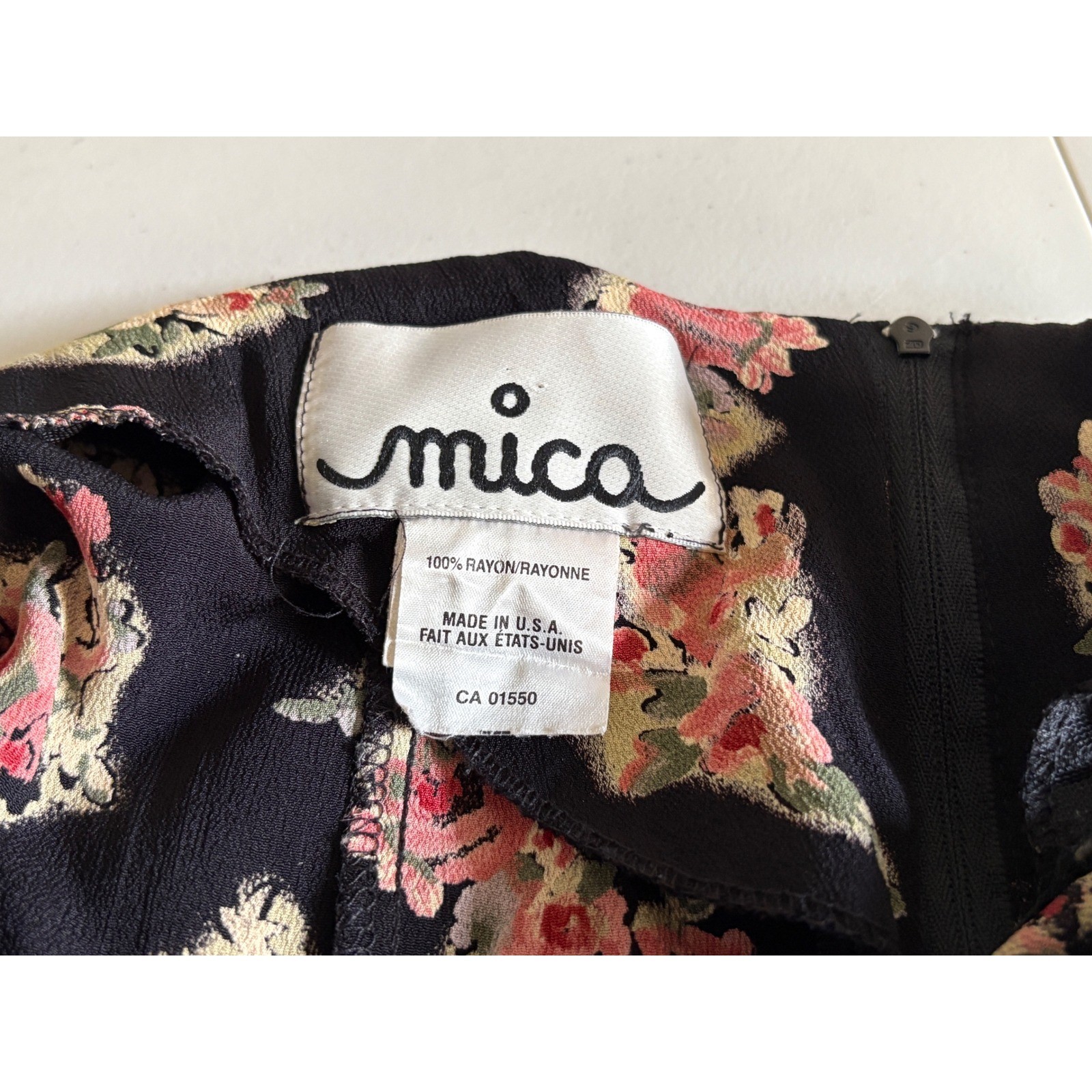 Mica Vintage 90s Floral Mini Dress Womens Black Pink Rayon Fit Flare Sleeveless