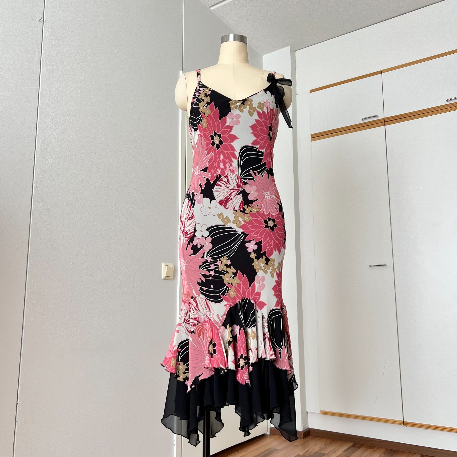 Y2K Bias Cut Floral Ruffle Fairy Slip Dress Pink Asymmetrical Hem Romantic Sz XL