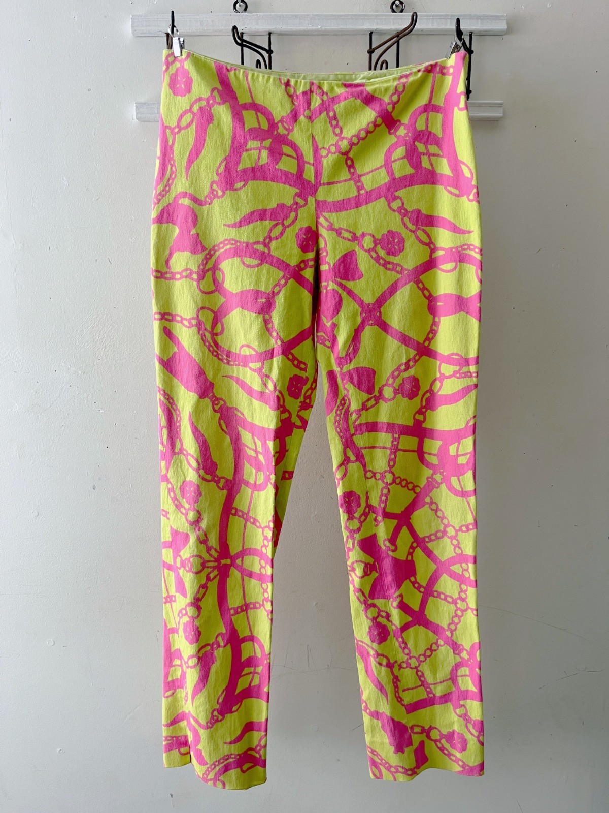 Vintage Moschino Chain Print Trousers Pink Lime Y2K Logomania Pants Sz 8