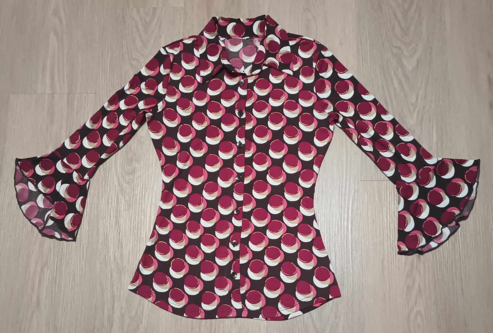 Vtg 70s Burgundy Gold Metallic Psychedelic 3/4 Trumpet Sleeve Top Shirt MOD XS