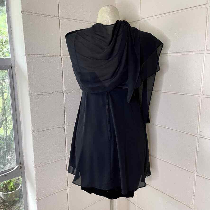 Vintage 90s Black Satin Babydoll Mini Dress Wrap Sleeveless Boulevard De Paris M