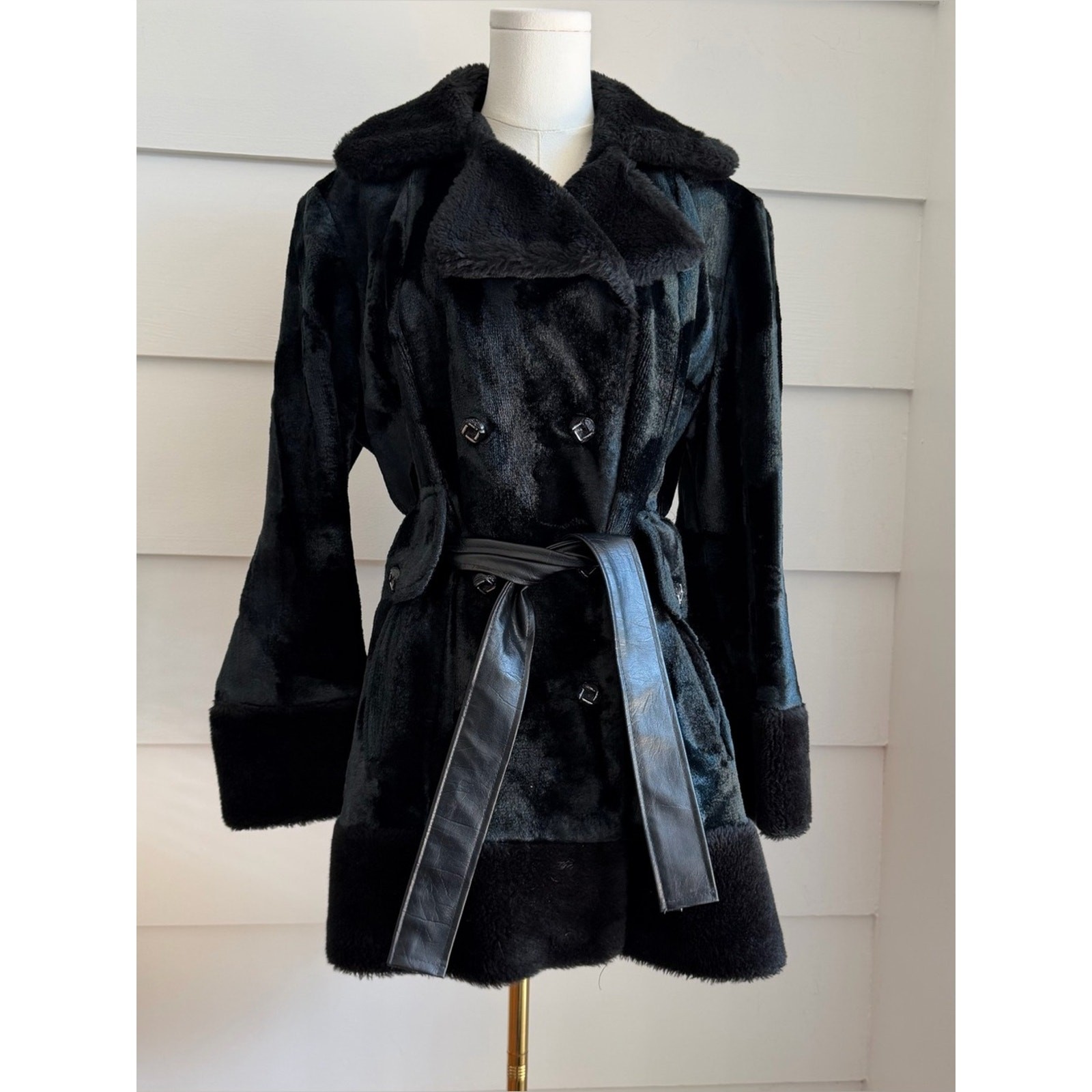 Vintage 1970s Black Faux Fur Coat Glam Mod Twee