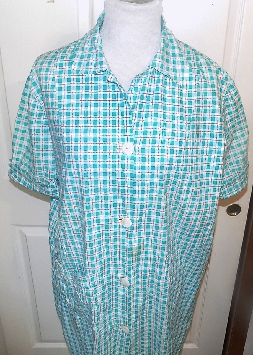 Vintage 40s 50s Aqua White Plaid Cotton House Robe B48