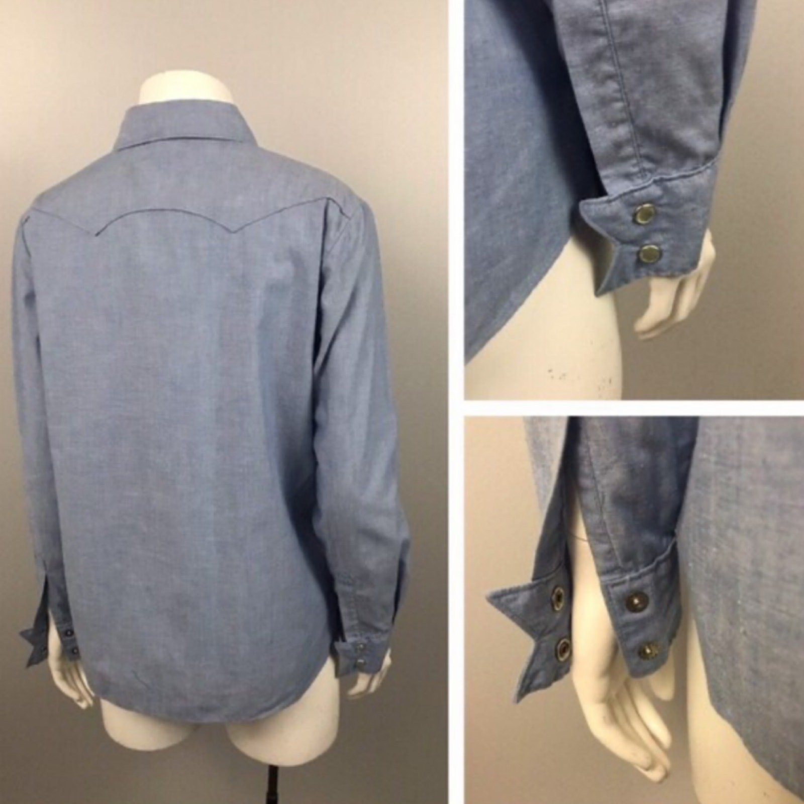 Vintage 70s Chambray Western Shirt Pearl Snap Buttons Denim Shirt Medium ^