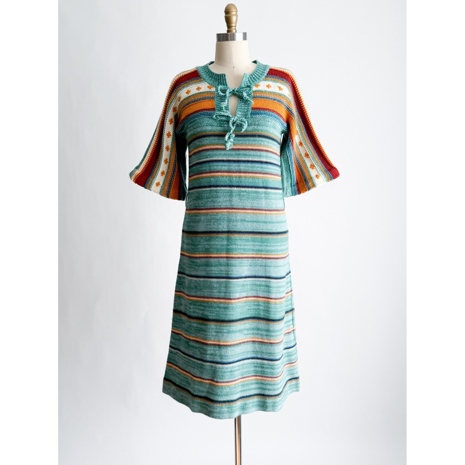 Albee Vintage 70s Knit Midi Dress Boho Striped Bell Sleeve L Teal Orange Retro