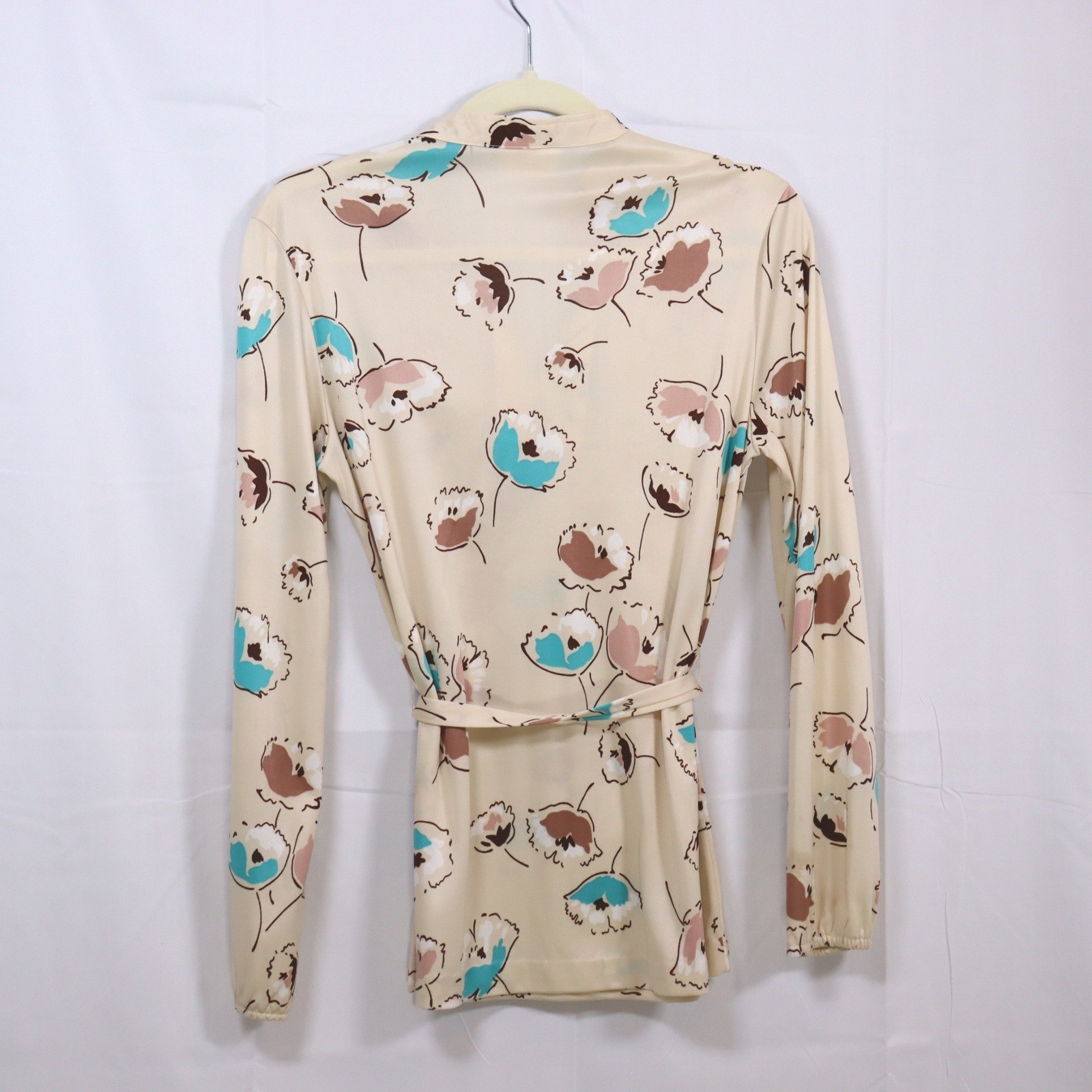 Cos Cob Blouse S Tan Womens Floral V-Neck Belted Vintage Top