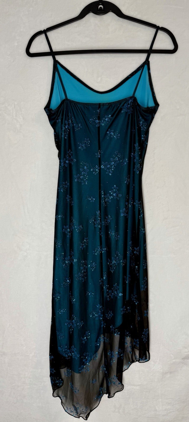 Vintage Y2K Fairycore Blue Glitter Mesh Hi Low Dress Prom Goth Formal Slip M/L