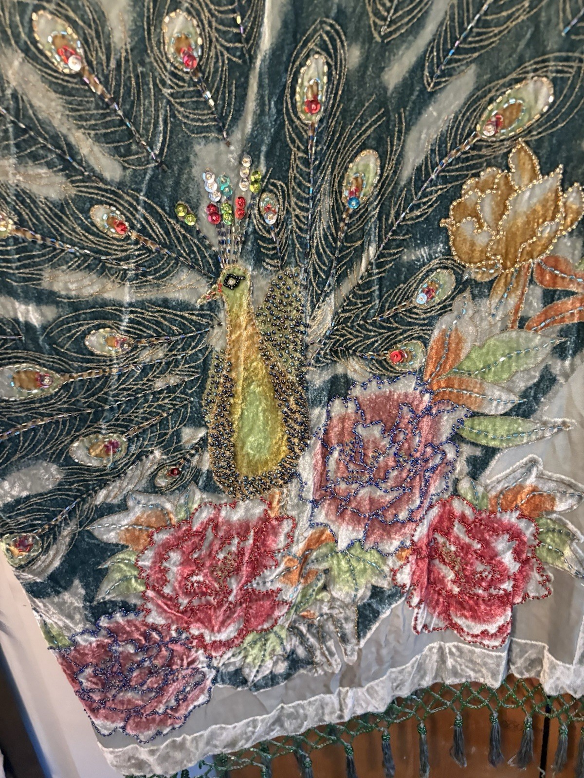 Kimono Duster Jacket Peacock Floral Velvet Beaded Burnout Coverup OS L/XL/1X/2X