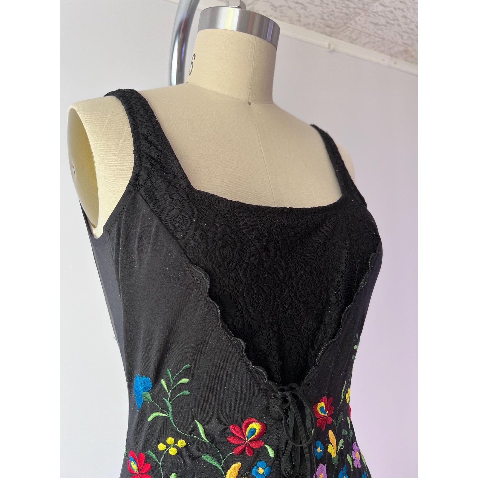 Gottex One Piece Swimsuit Black Floral Embroidered Lace Up Vintage 8