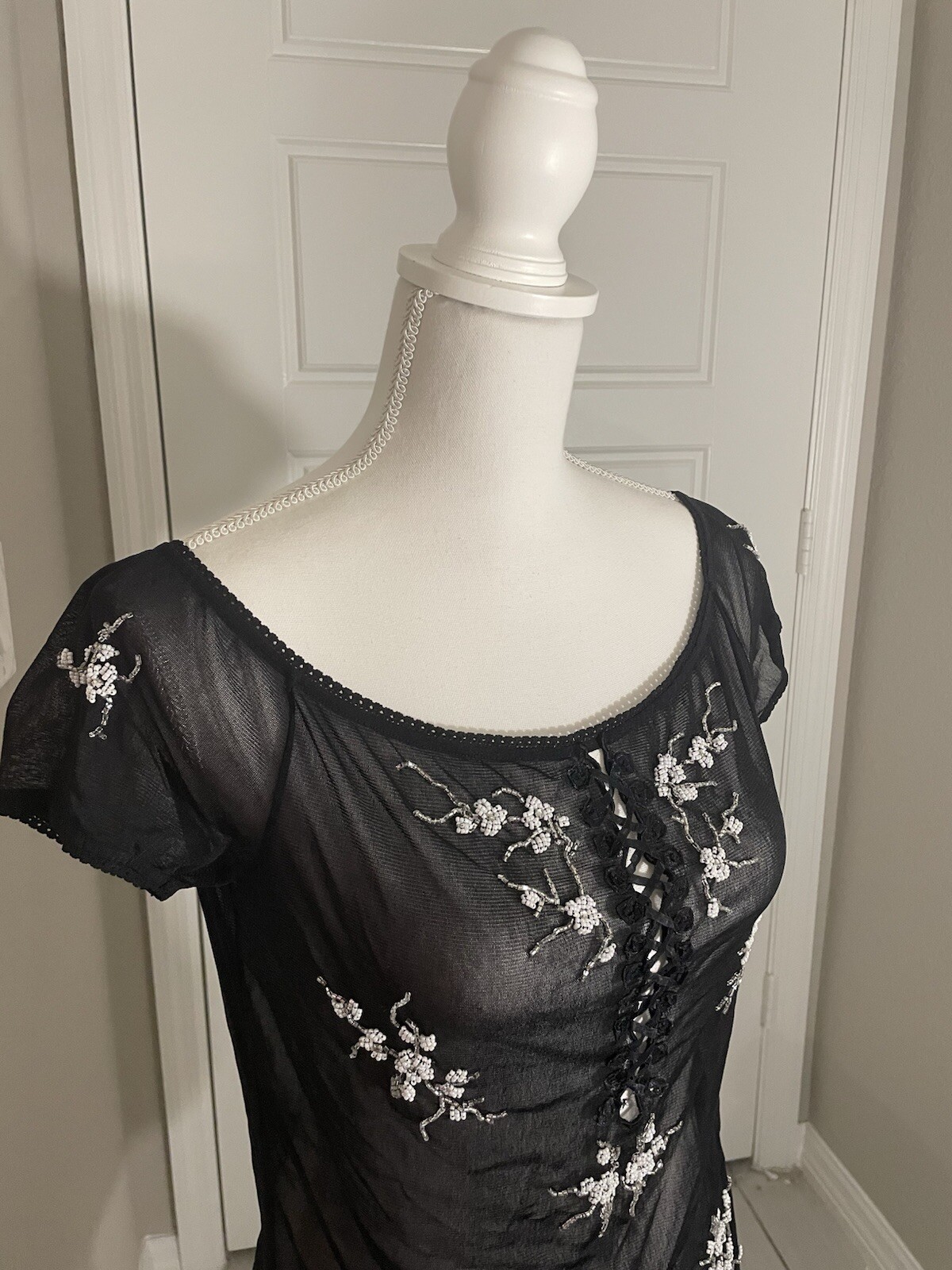 Vivienne Tam black mesh blouse with embroidered flowers
