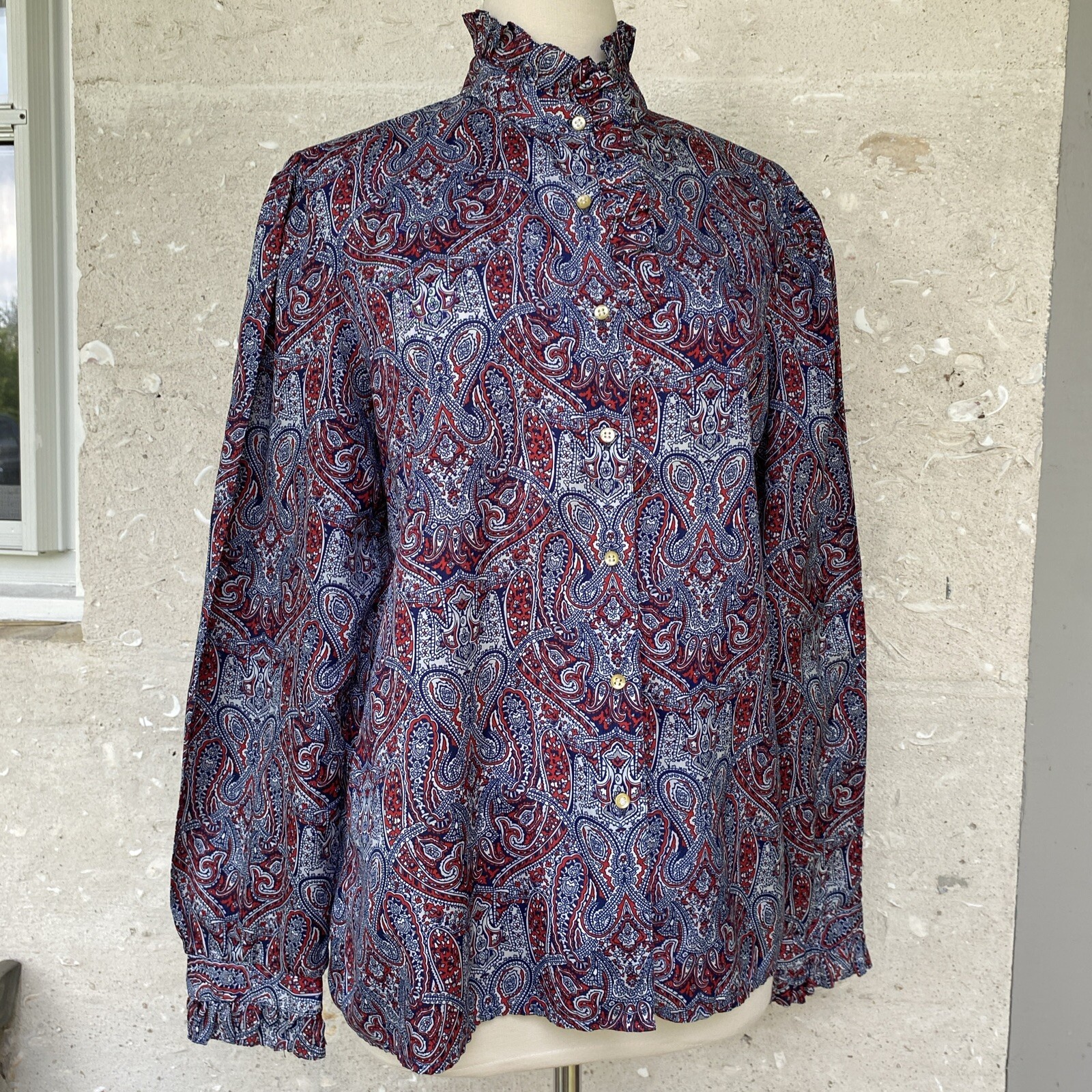 Vintage Secretary Blouse Shirt Large Red White Blue Paisley Ruffle Neck 70s 80s