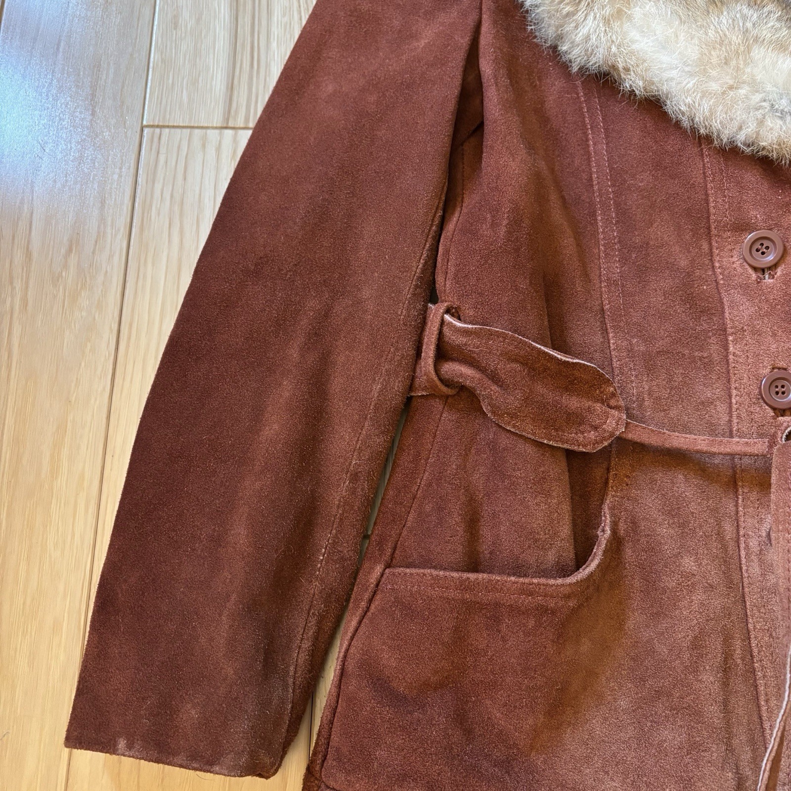 Vintage 70’s Genuine Suede Leather Rabbit Fur Collar Belted Jacket