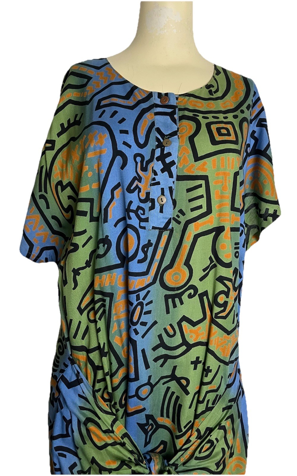 90s RARE Haring Style Pop Art Graphic Dress Dancing Figures Passport Pier 1 Sz.S