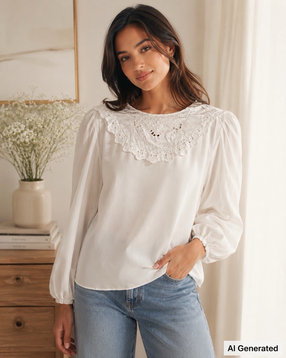 Vintage 1970s White Lace Collar Puff Sleeve Blouse Cottagecore Boho 16