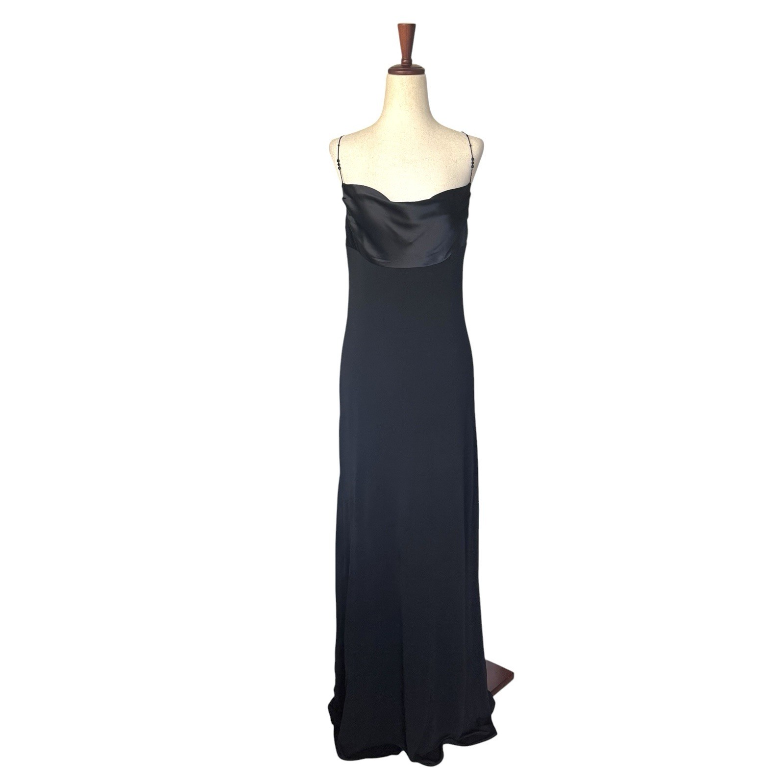Vintage 90s Laundry Black Slip Maxi Dress Gown Beaded Straps Minimal Formal sz 6