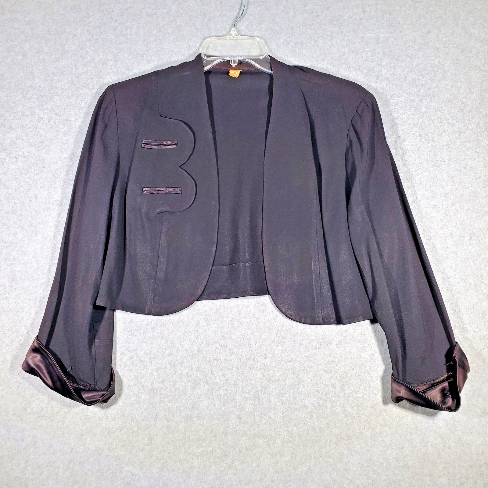 Vintage 50s Black Cropped Bolero Jacket Satin Cuffs Open Front Womens Size 20