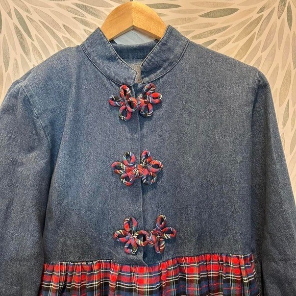 Vintage Alexandra Lee Denim & Plaid Prairie Dress Cottagecore Midi USA Size 6