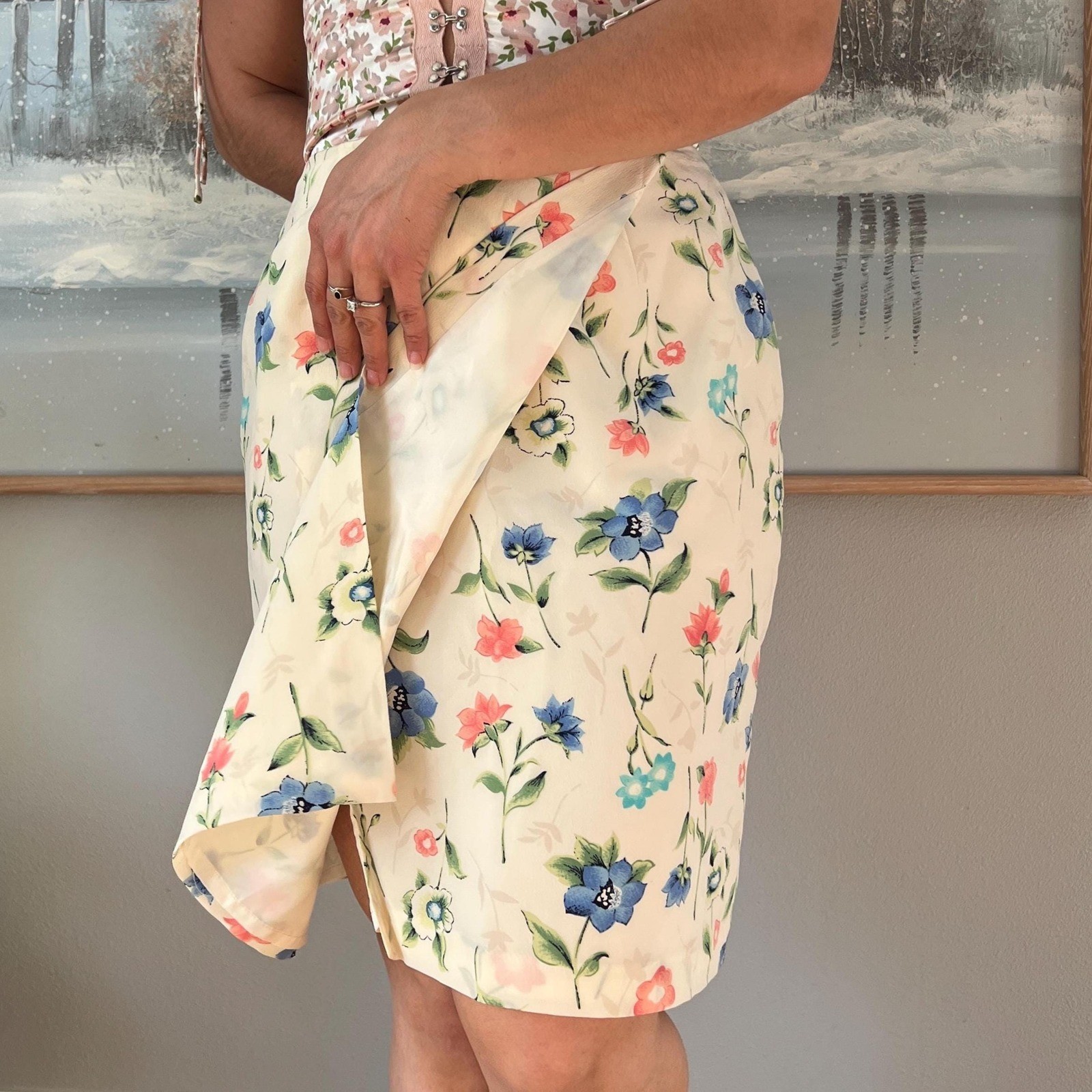 Vintage Silk Floral Skirt Cream Midi Parisian Signature Cottagecore