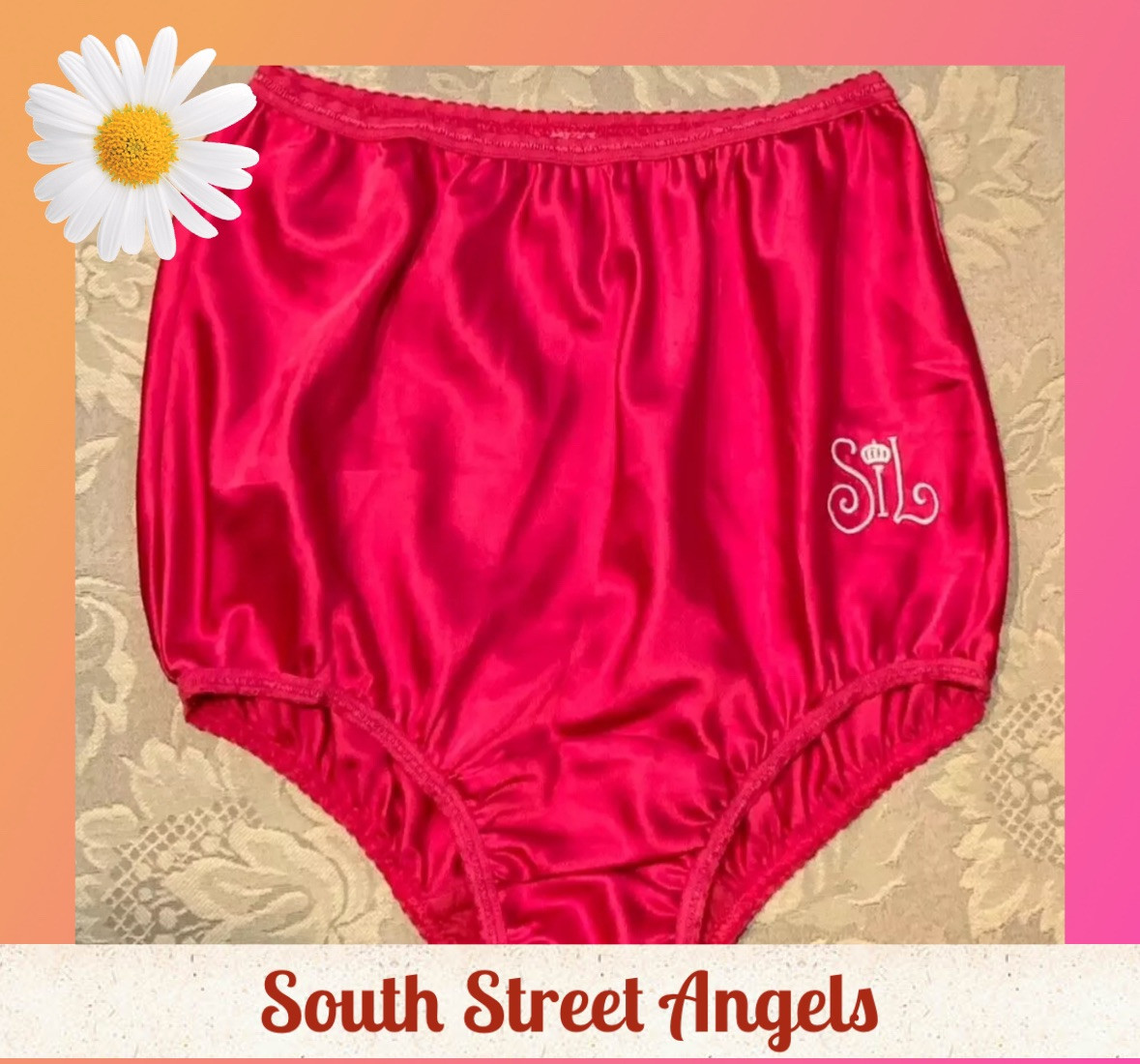 VINTAGE SECRETS IN LACE ~ RED ~ SATIN BRIEF PANTIES WITH EMBROIDERED LOGO MEDIUM