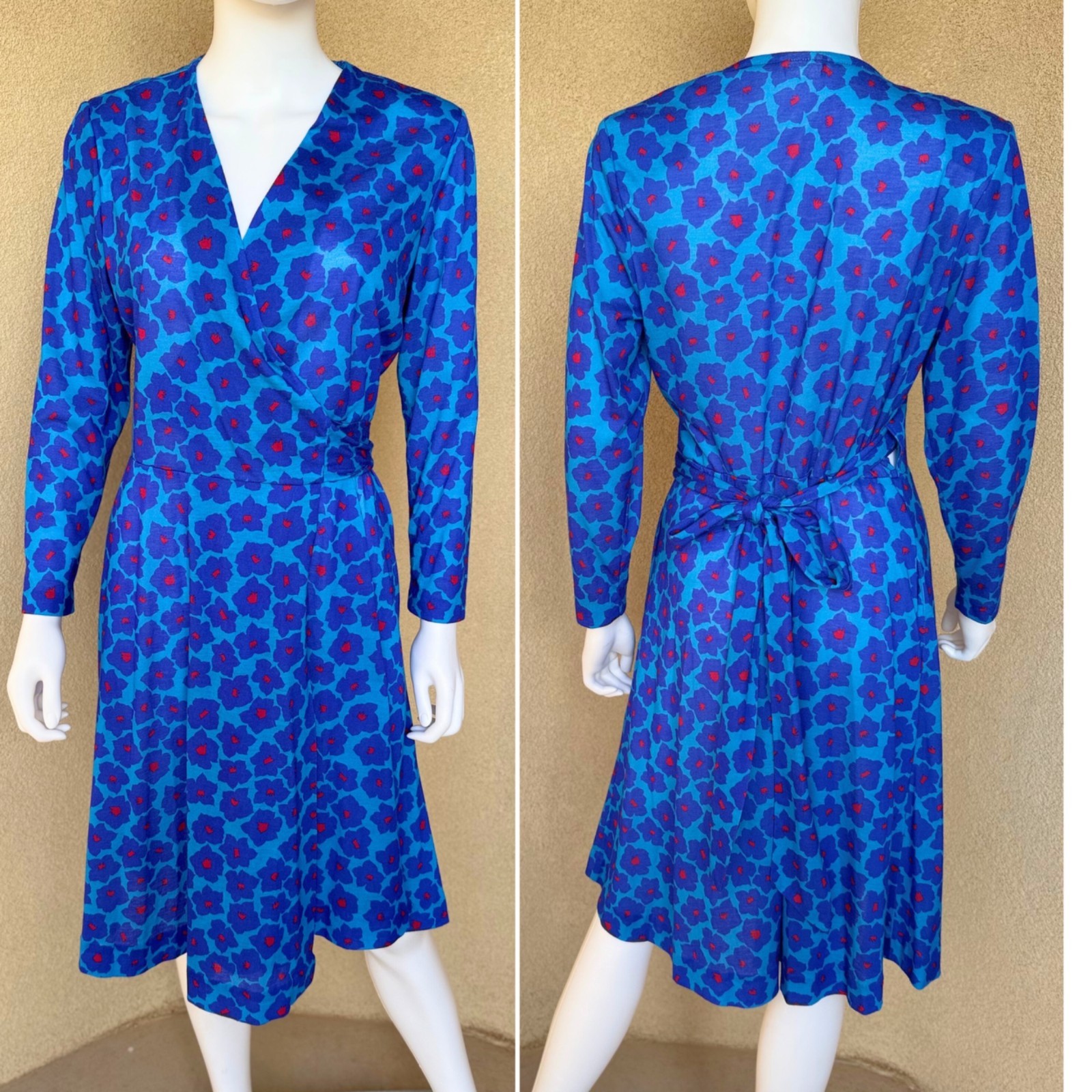 Vintage Americana Electric Blue Floral Wrap Dress 12P