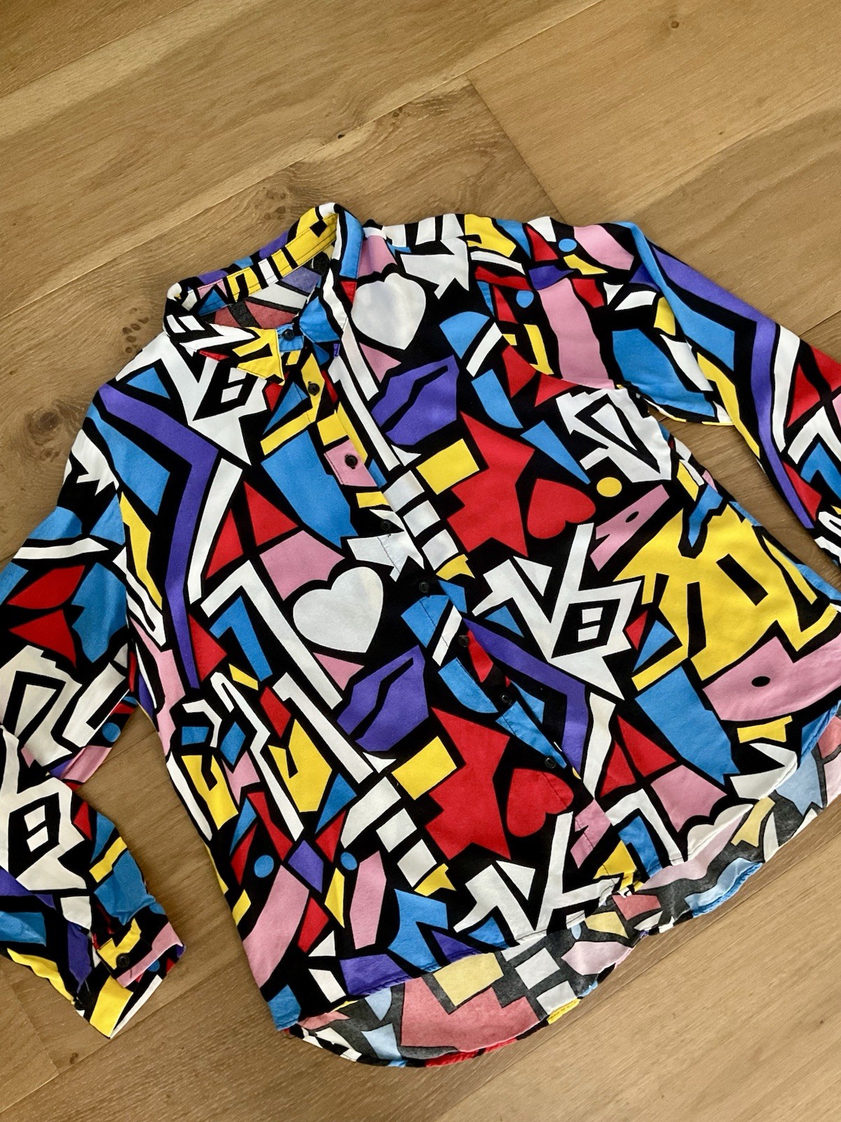 80s Pop Art VTG Button Down Shirt Wm L (*est*) Geometric Heart Print Long Sleeve