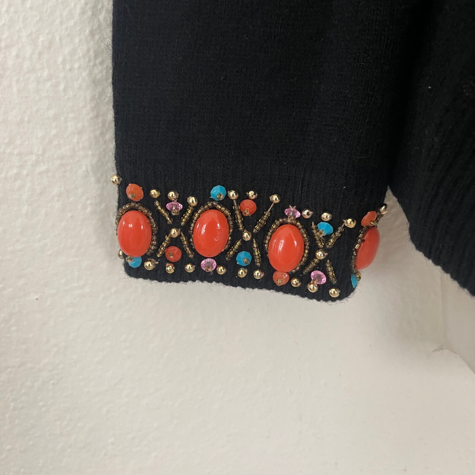 CERVELLE Sweater Beaded Embellished Open Cardigan Ramie Cotton Black Vintage L