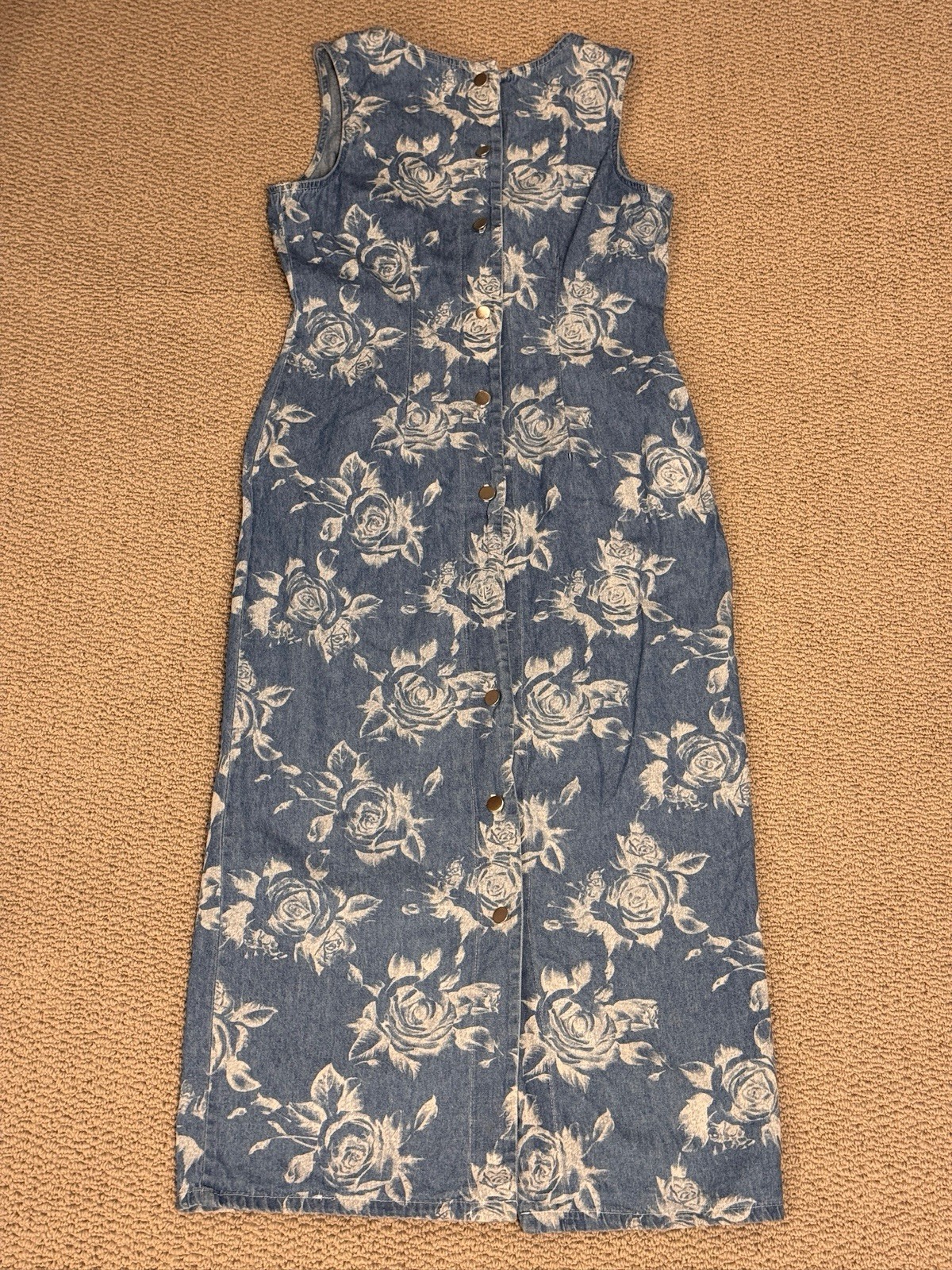 VTG Studio Ease 90s Floral Denim Maxi Dress Blue Cotton Button Back Measurements