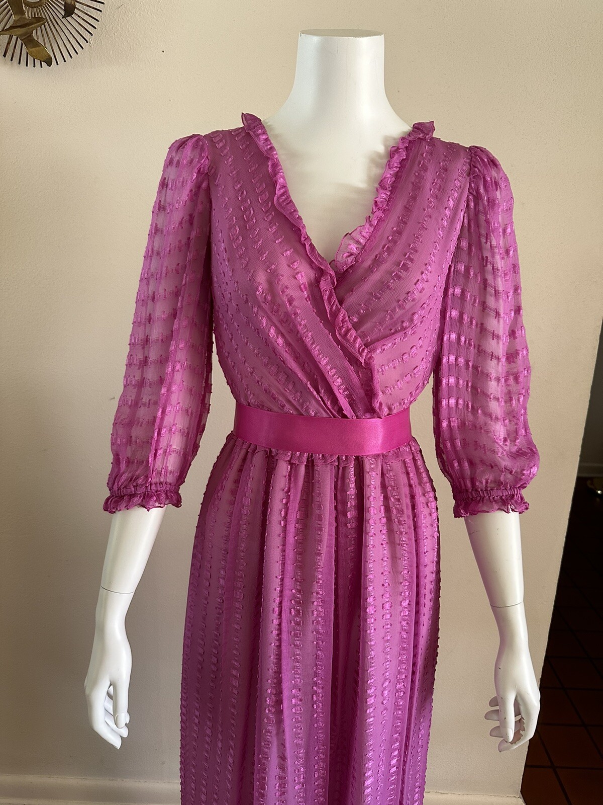 1980s Neiman Marcus Pink Sheer Ruffle Wrap Dress Ribbon Belt Petite Vintage