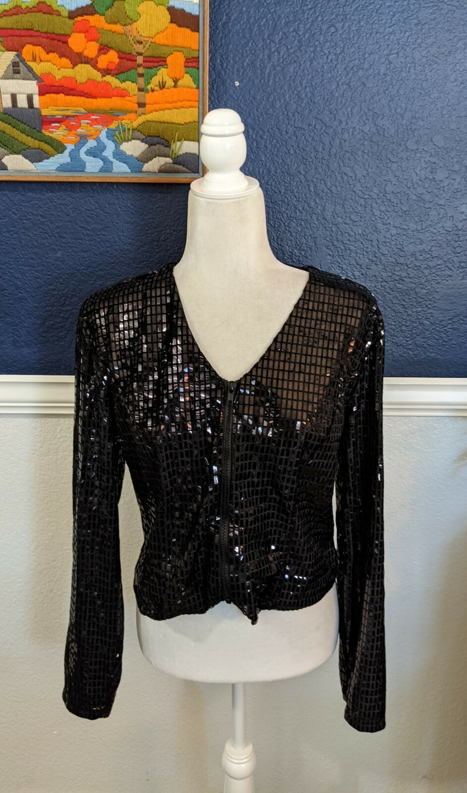 RARE VTG Banjo Dallas Texas Black Jacket Blazer Zip Shiny Sequin Sz Large L
