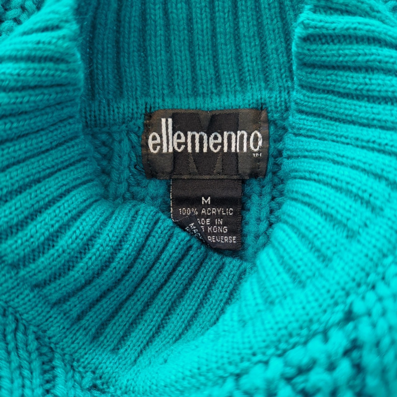 Vintage 80s Ellemmenno Sweater Teal Size M Cable Knit Mock Neck Acrylic