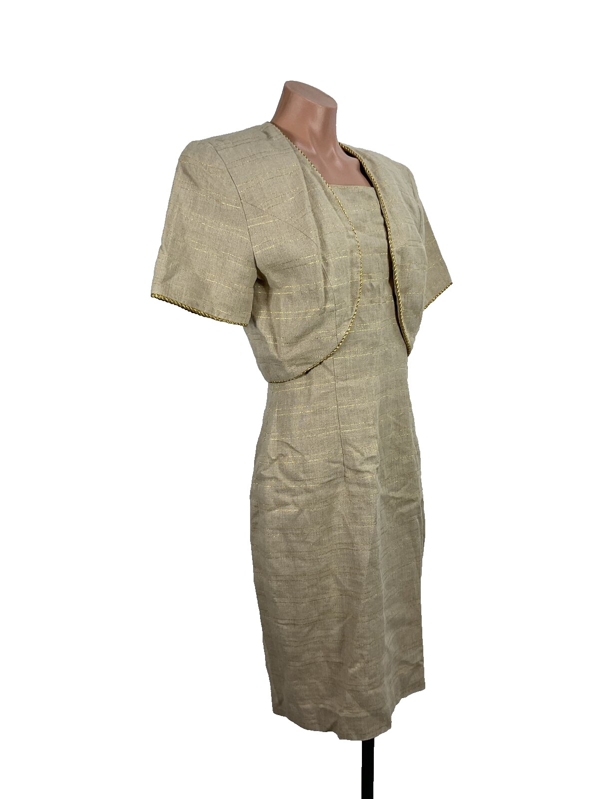 Vintage Althuser Sleeveless Sheath Dress Suit sz 8 Gold Beige Jacket