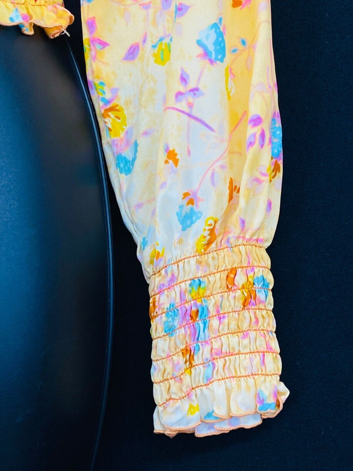 Vintage 1970s yellow floral crop top blouse, smocking stretch boho long sleeve