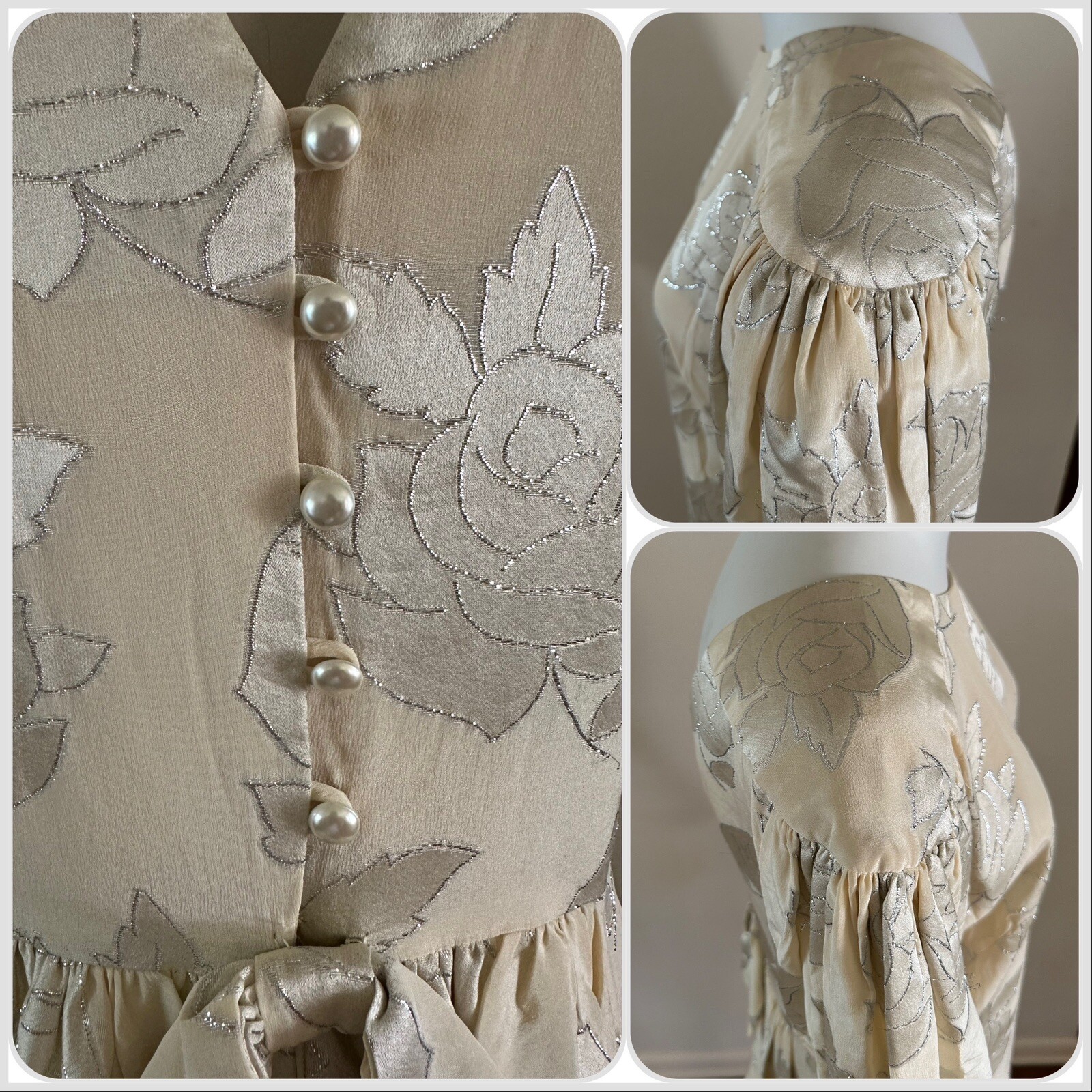 1980s Hanae Mori Silk Dress Metallic Rose Damask Bow Frost Bros VTG