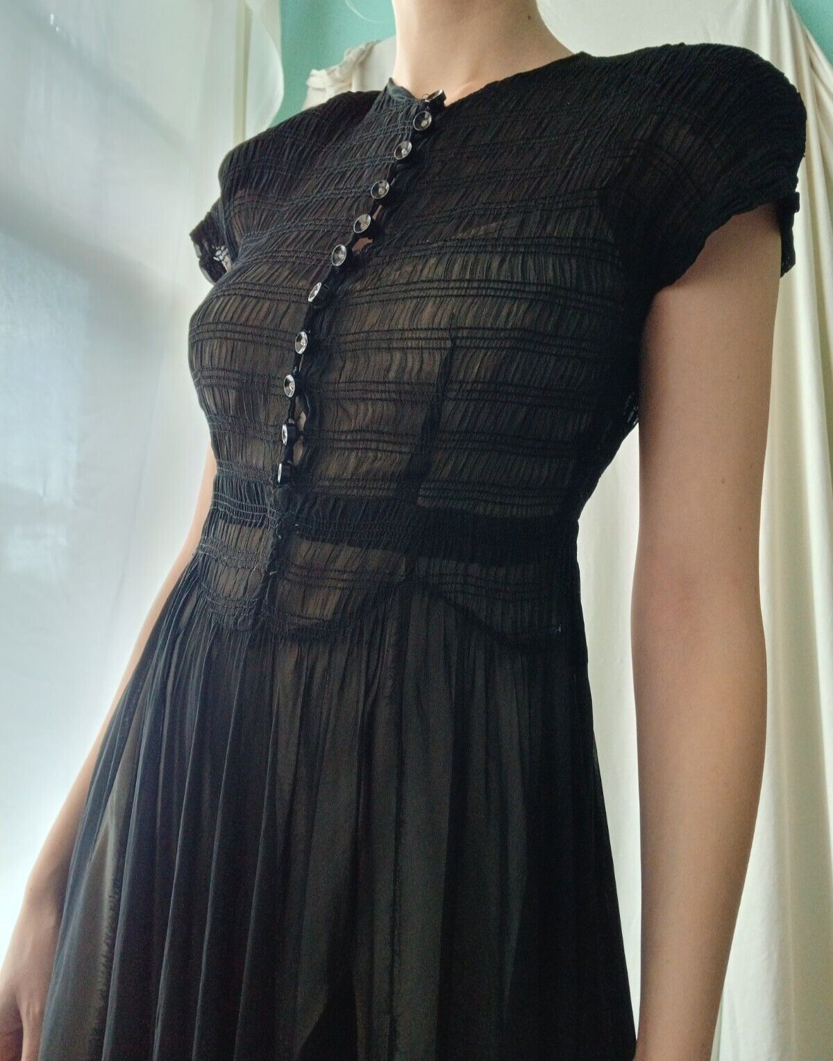 1940 XS Smocked Sheer Dress Black Rhinestone Buttons Princess Waist Shoulder Pad