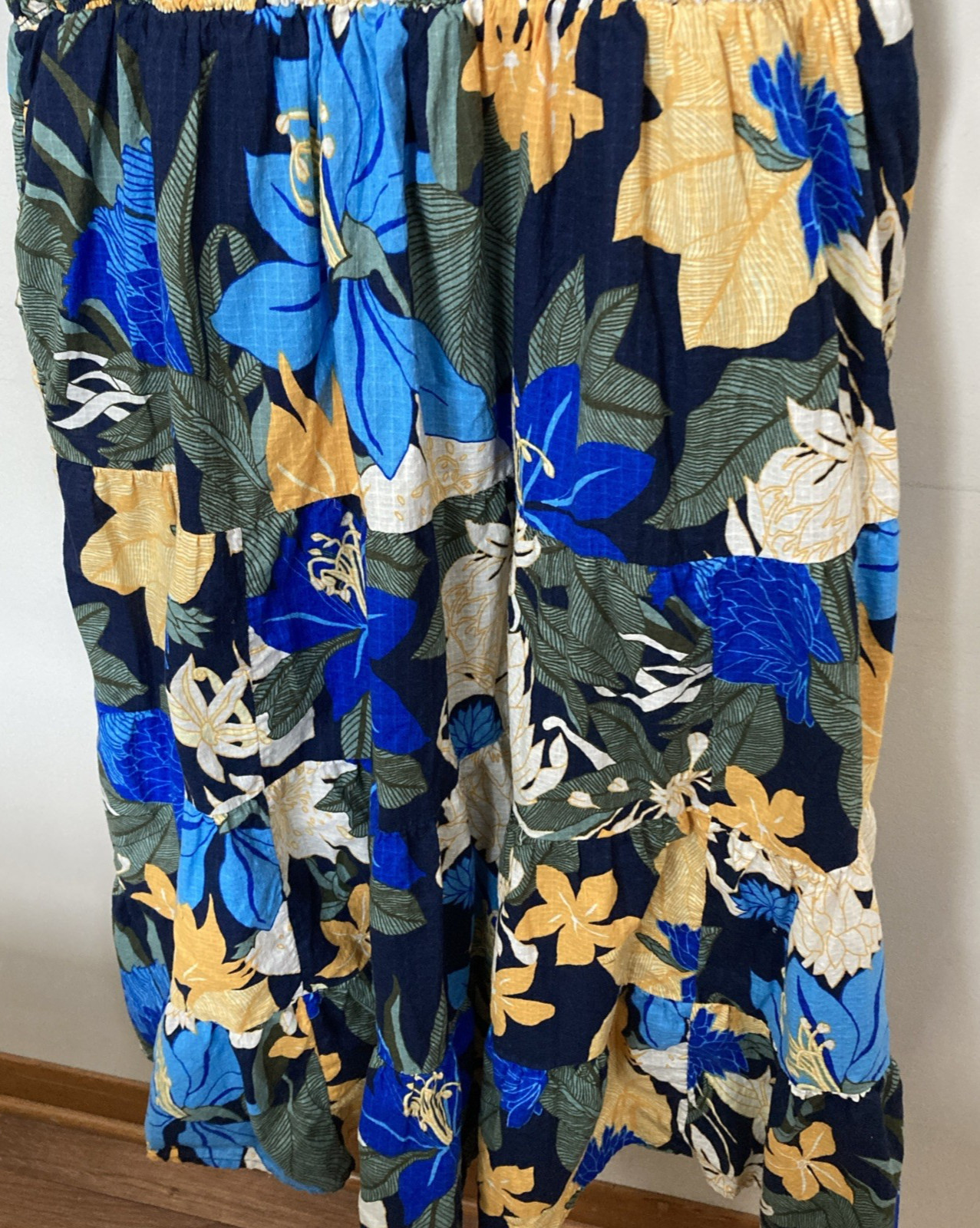 Land’s End Women’s Smocked Peasant Dress L/P 14-16 Blue Yellow Cotton Lined Vtg