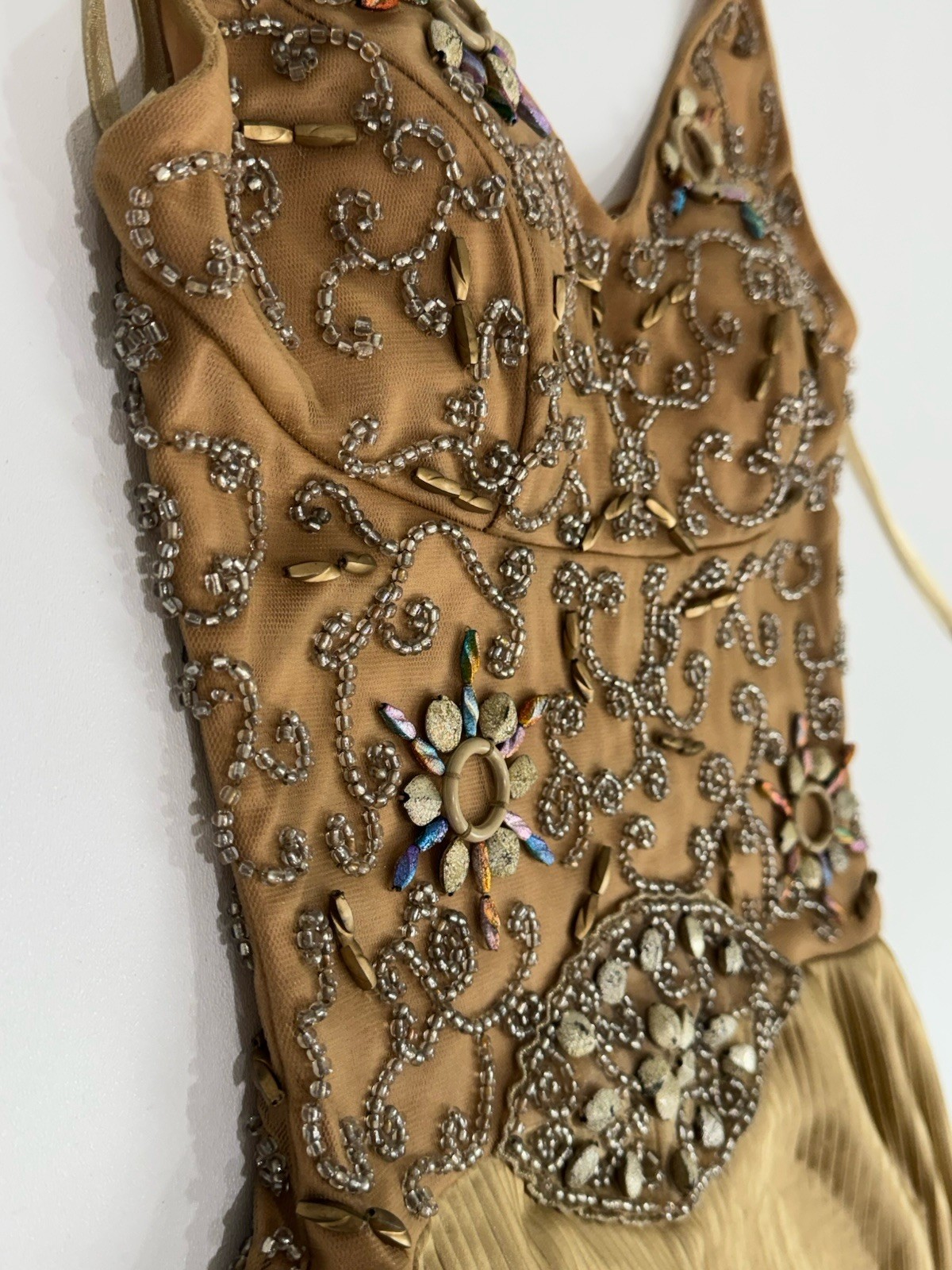 VTG Y2K Sherry Haute Couture Gold Beaded Pleated Gown Front Slit Designer