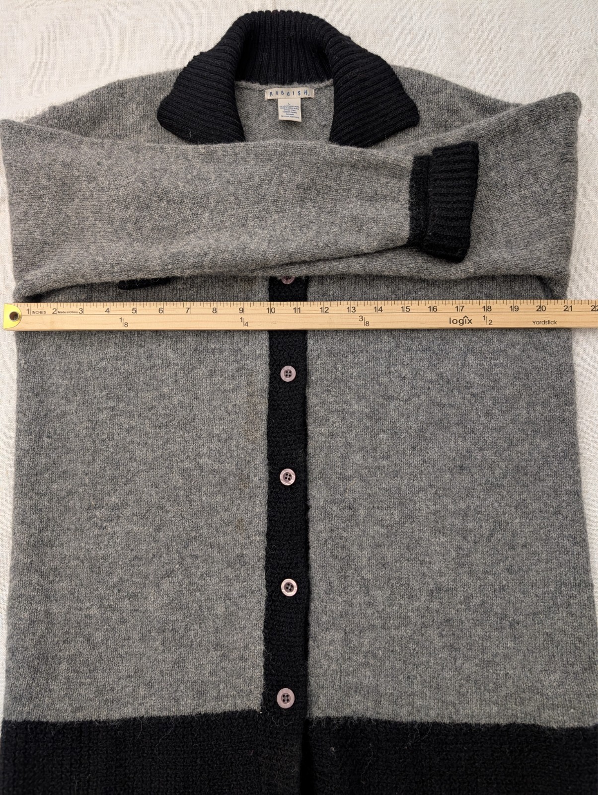 Vintage Rubbish 100% Shetland Wool Women’s Cardigan L Gray/Black Button Down