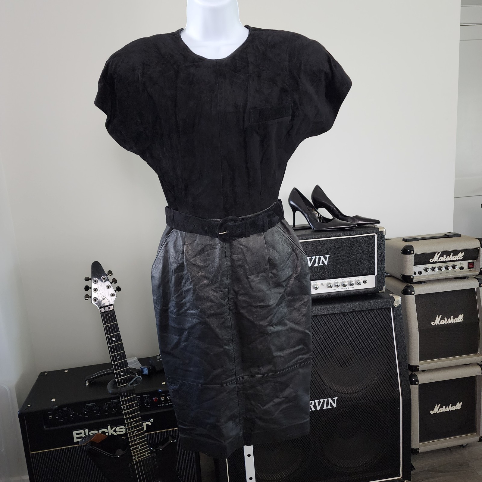 Vintage 80s Morgan Taylor Petites Dress 2 Black Suede Leather Goth Punk Glam LBD