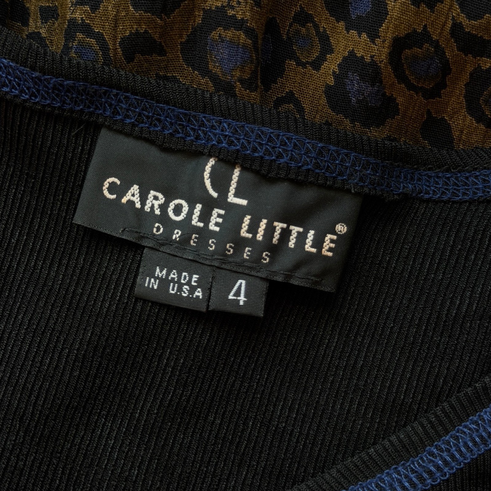 Vintage Carole Little Leopard Print Midi Dress Size Small 4 Black Ribbed Knit