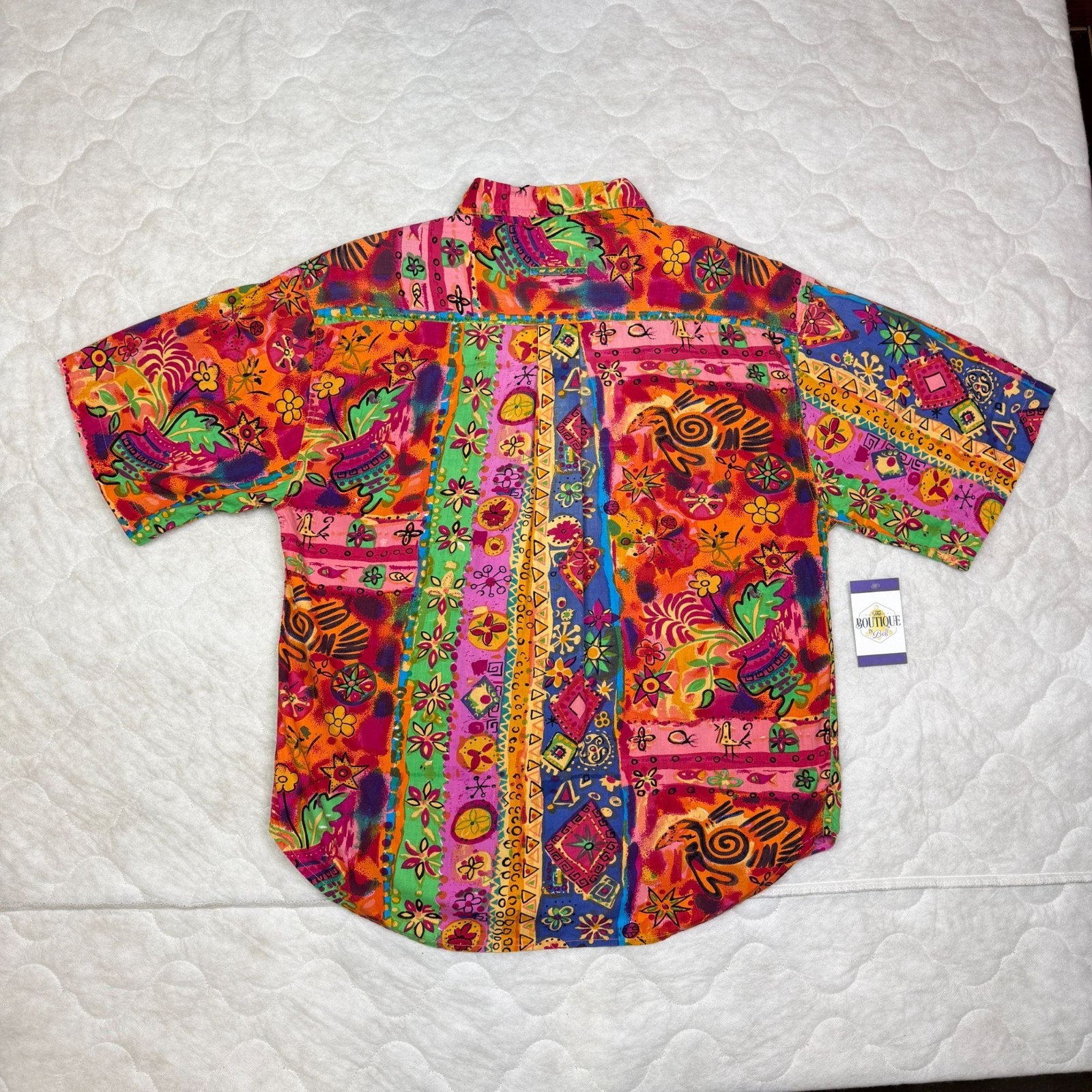 Vtg 90s Company One Cotton Button Up Shirt Shoulder Pads Funky Boho Dopamine Art