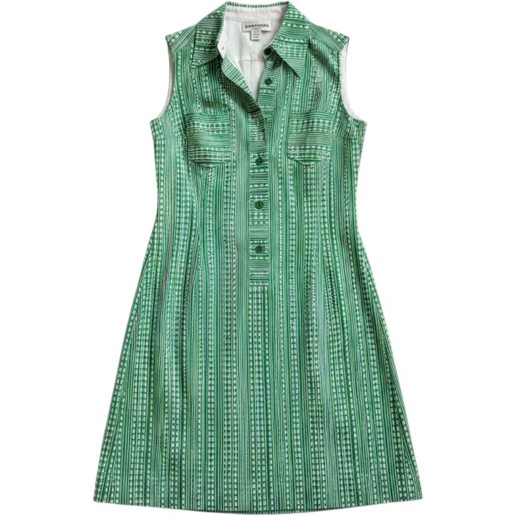 Vintage Wibor Green White Geometric Stripe Sleeveless Shift Shirt Dress 38 70s