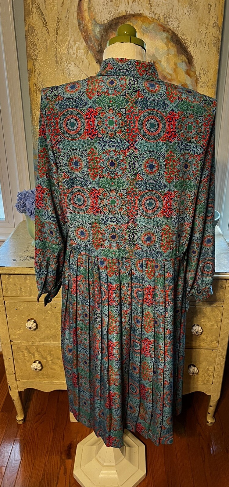 Vintage Leslie Faye Teal Pleated Fit & Flare Shirt Dress Gold Buttons-14P