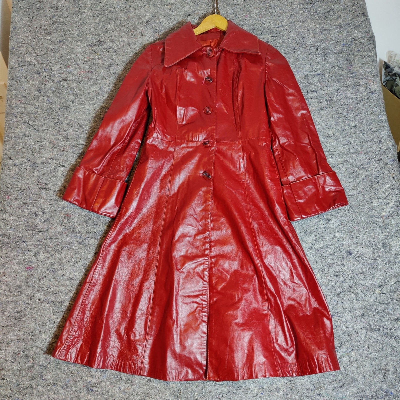 Vintage Dorby Casuals Red Leather Trench Coat Women 11-12 Mid Length 70s Style