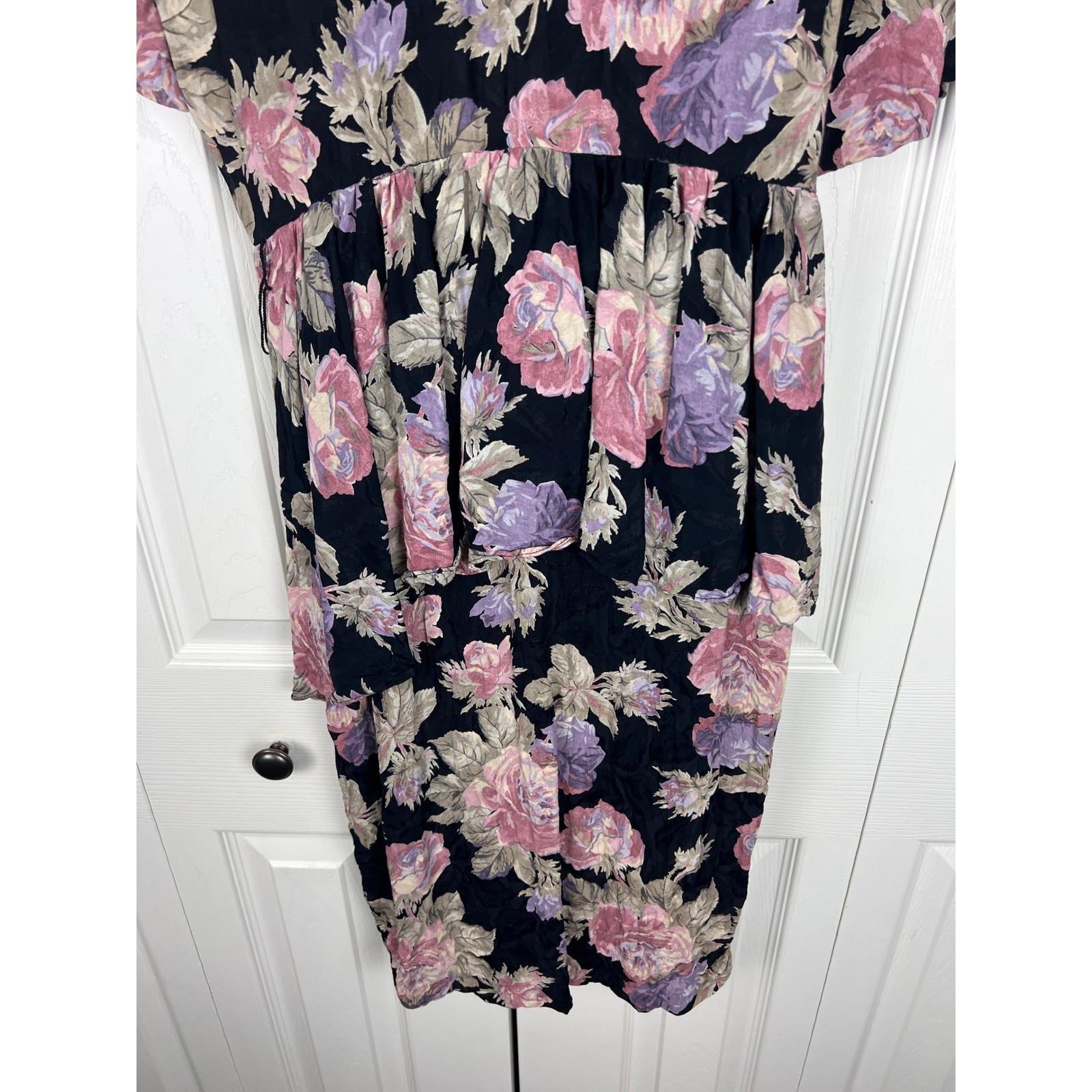Vintage 80s Regina Kravitz Floral Peplum Midi Dress Open Back Romantic M 8/10