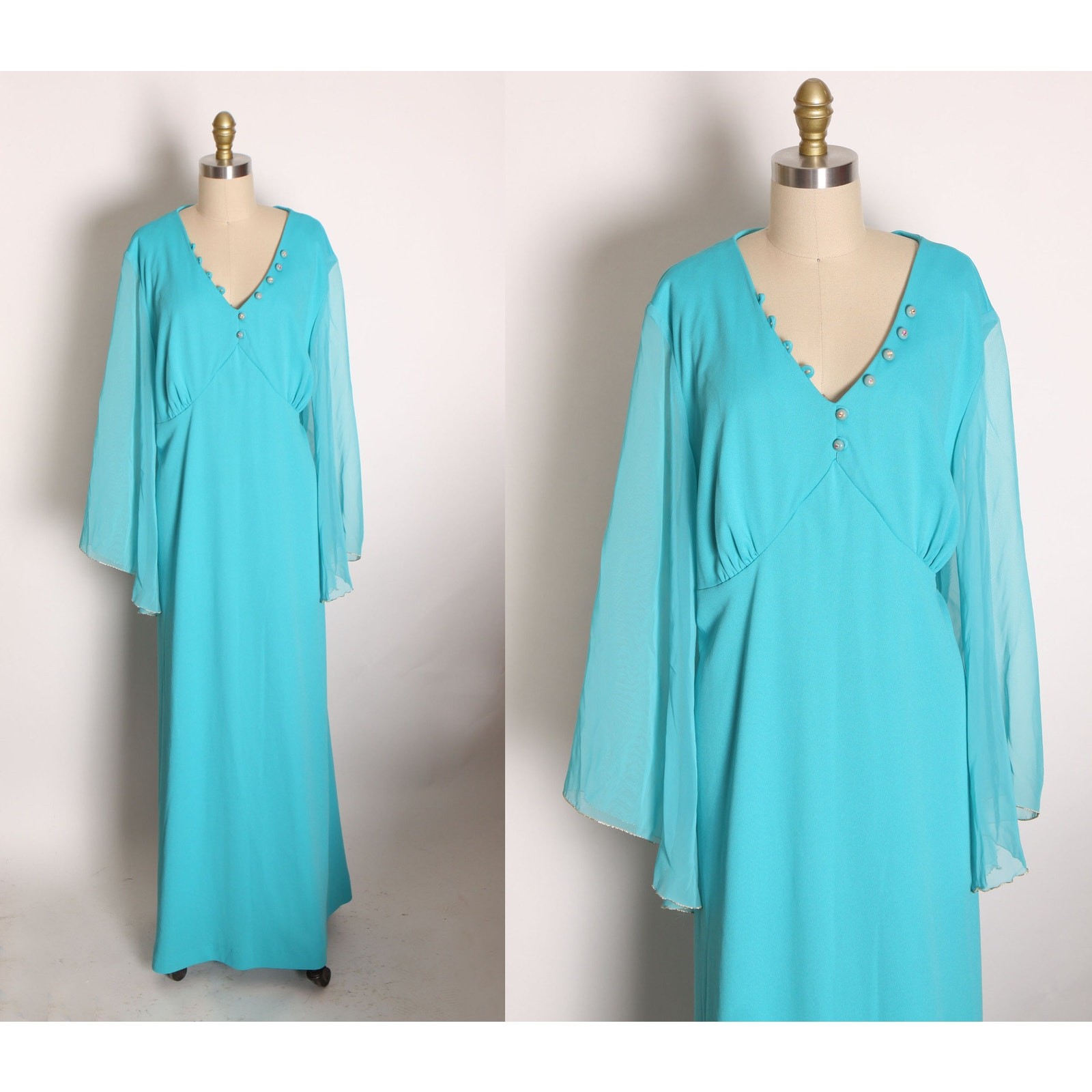 1970s Turquoise Blue Gold Angel Wing Sleeve Formal Plus Size Dress by Lily Lynn